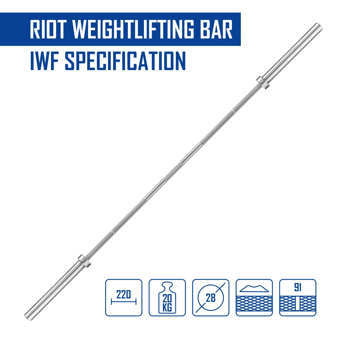 Riot Weightlifting Bar - Men's 20kg, IWF Specification 4 Riot Weightlifting Bar - Men's 20kg, IWF Specification - Image 2
