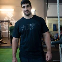 Strength Wear Logo T-Shirt V3 – All Black -Strength Shop SHOP SHIRT LOGO V3 ALLBLK ACTIONSHOT 3